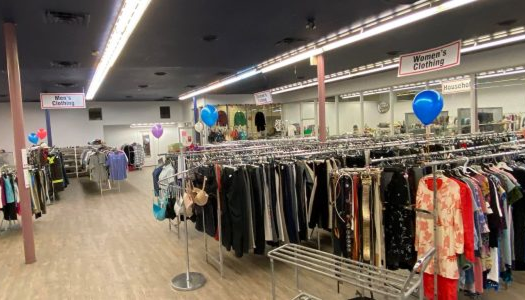 Clothing racks and shopping aisles inside the Salvation Army Thrift Store in Williams Lake.
