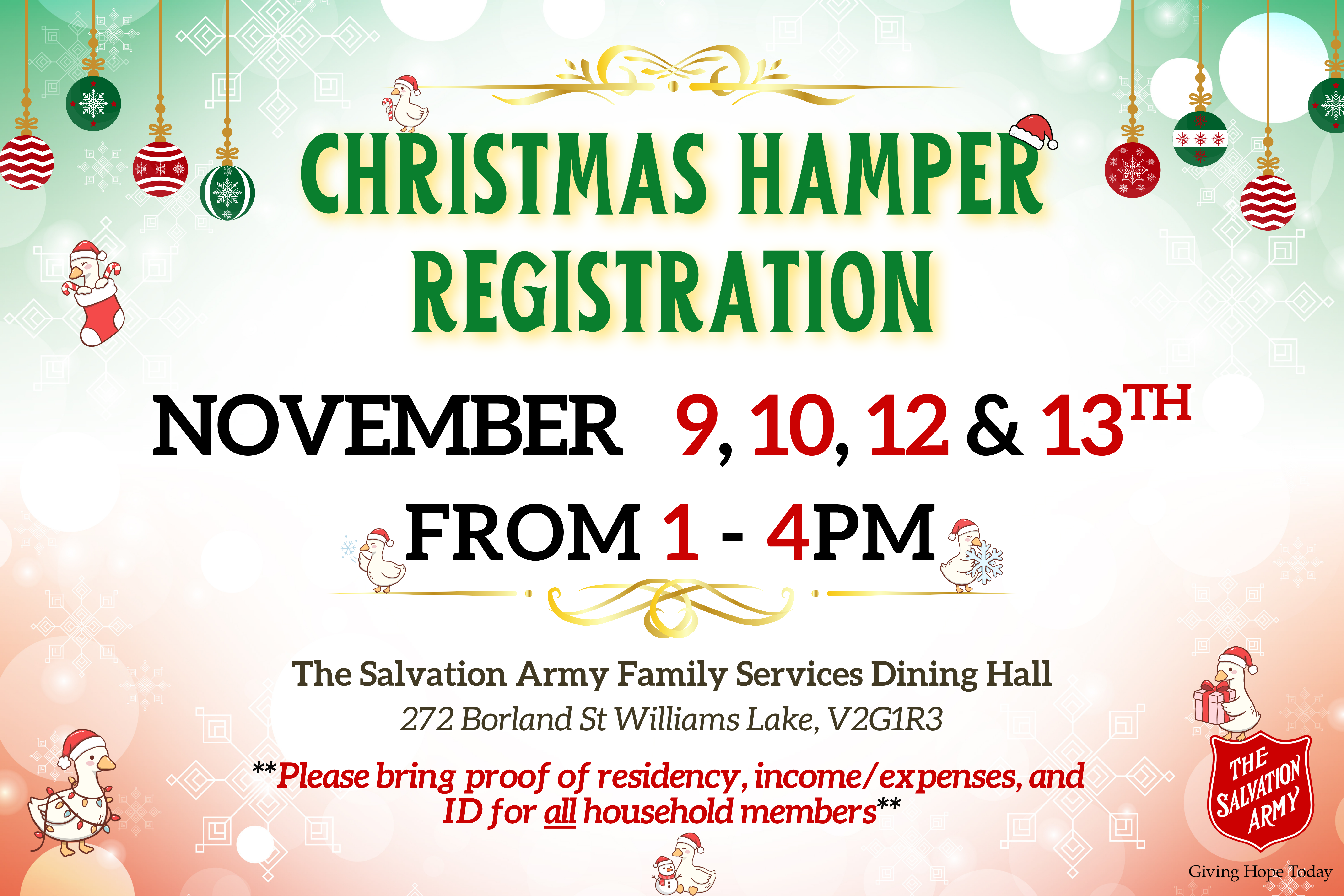 Poster with dates, time, and requirements for registering for Christmas Assistance with The Salvation Army. 