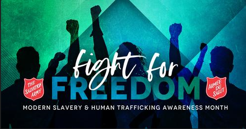 Banner with silhouettes of people raising their arms and the text Fight for Freedom, Modern Slavery and Human Trafficking Awareness Month